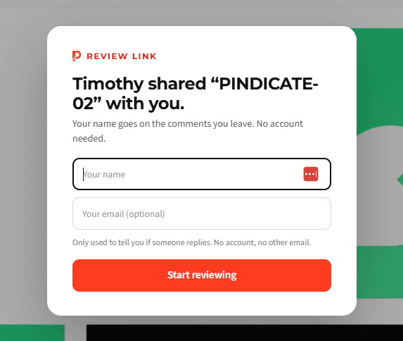The screen a client sees when they open a review link: their name, an optional email, and a Start reviewing button