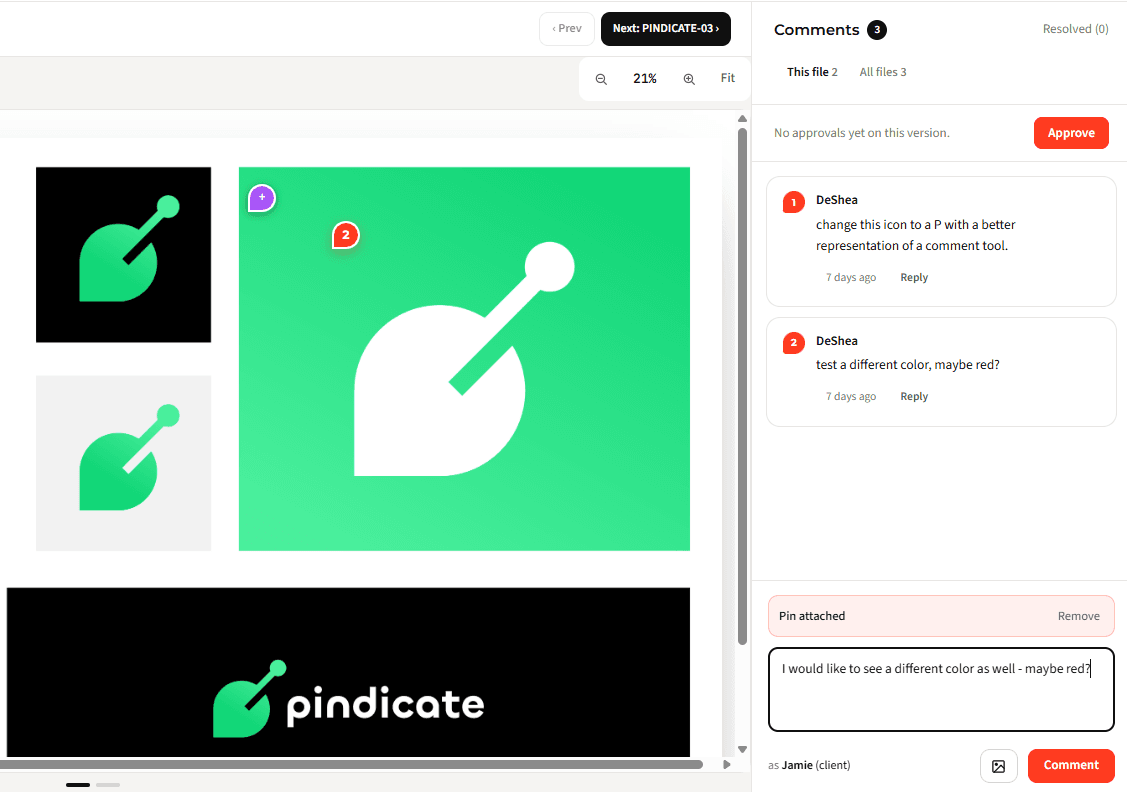 A logo review with numbered pins on the artwork and the matching comments in the sidebar