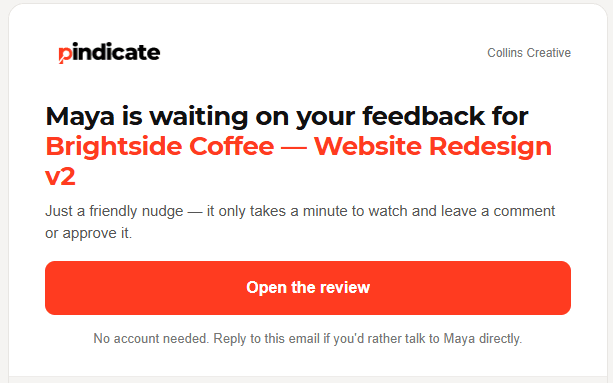 A reminder email: Maya is waiting on your feedback for Brightside Coffee, with an Open the review button